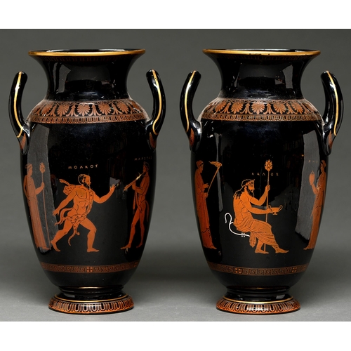 562 - A pair of Samuel Alcock black glazed earthenware Etruscan vases, c1850, 30cm h, applied beehive mark... 