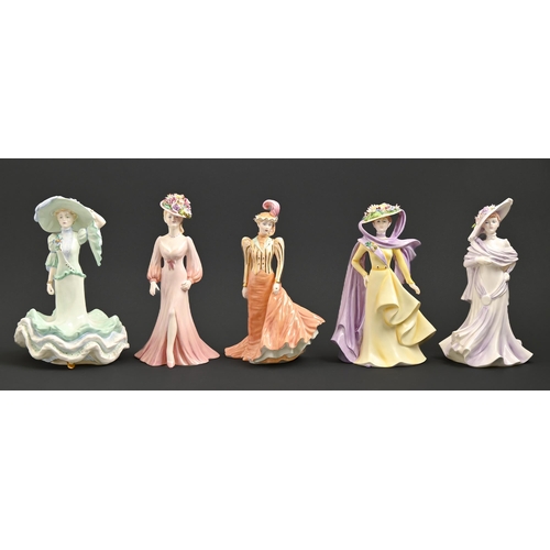 566 - The Ascot Ladies. A set of five Coalport figures, 1980's, various sizes, printed marks and numbered ... 