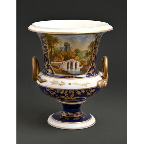 599 - A Derby vase, c1820,  painted with a landscape reserved on a cobalt ground, 16.5cm h, painted mark a... 