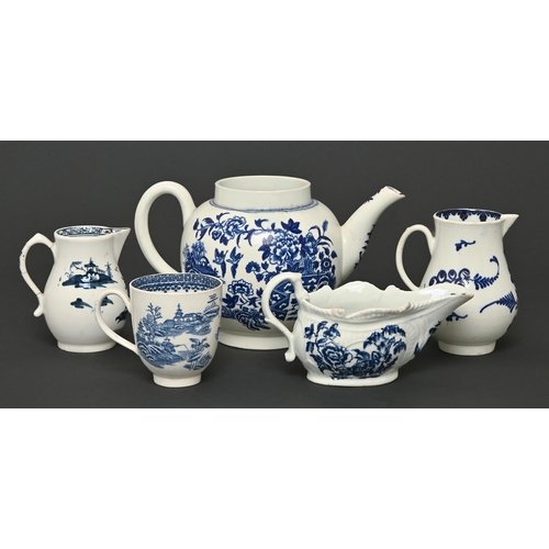 617 - Five late 18th c English blue and white sparrow beak jugs, a sauce boat, teapot and coffee cup,  to ... 