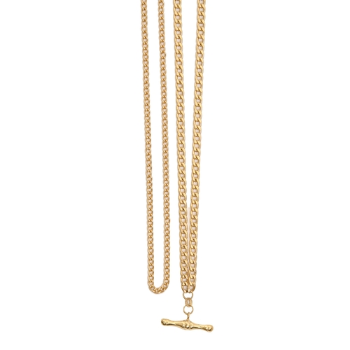 63 - A gold albert, in Victorian style with T-bar, 46cm l, marked 375, 9g and another chain (2)... 