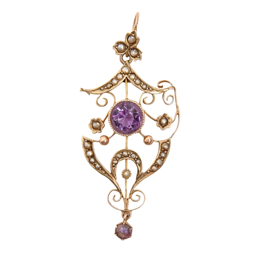 64 - An amethyst and split pearl openwork brooch, in gold, 42mm, marked 9ct, 2.2g