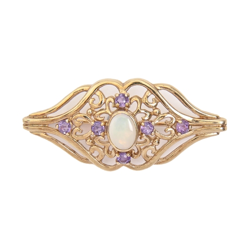 65 - An opal and amethyst brooch, in 9ct gold, 38mm l, 3.9g