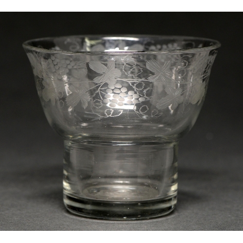 658A - An unusual English glass beaker, 18th c, the ogee bowl engraved with band of fruiting vines on plain... 