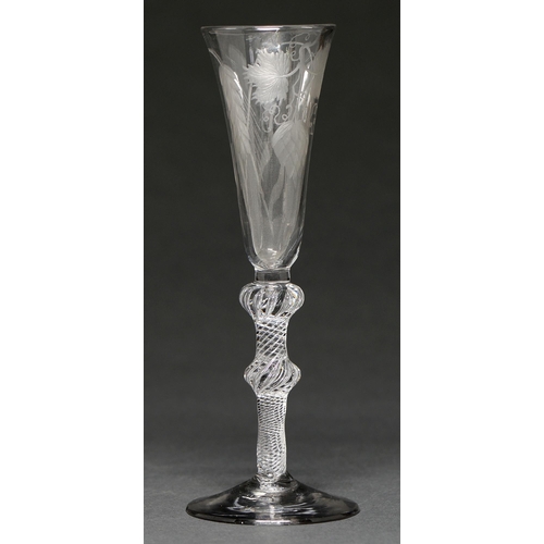 659 - An English ale glass, c1750-60, the round funnel bowl engraved with hops and barley, on multiple spi... 