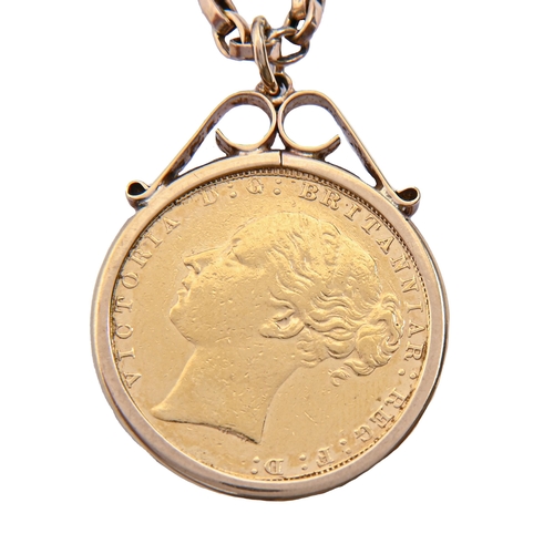 66 - Gold coin. Sovereign 1880, mounted in 9ct gold pendant and a gold chain marked 9ct, 15.5g... 