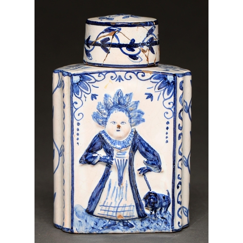 672 - A Dutch Delftware tea caddy and cover, 19th c, moulded to each side with a Macaroni figure, 12.5cm h... 