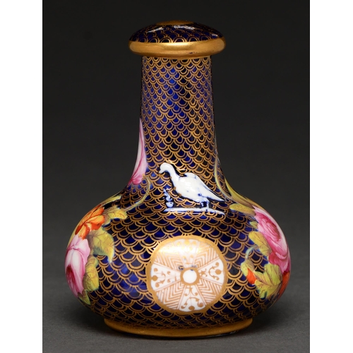 678 - A Spode lizard bottle and stopper, c1820, painted with flowers on a blue and gilt scale patterned gr... 