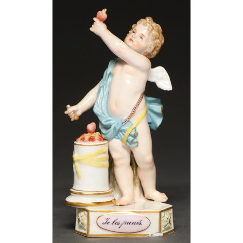 708 - A Meissen figure of Putto forging hearts, c1900, after the original model by M-V Acier, 15cm h, inci... 