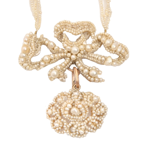 71 - A seed pearl necklace, c1830, in the form of a bow and floral pendant, on gold wire armature suspend... 