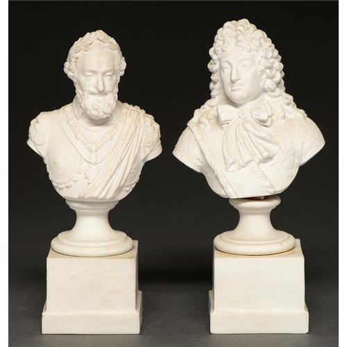 710 - Two French biscuit busts of Louis XIV and Henry IV, mid 19th c,  on square pedestal, 17 and 18cm h, ... 