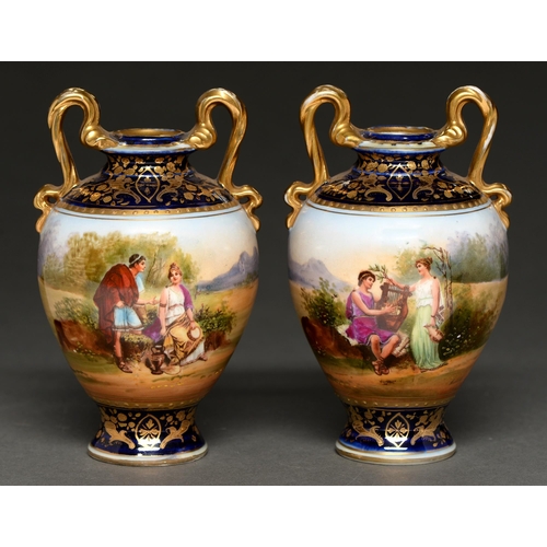 713 - A pair of  Continental porcelain vases, c1900,  in Vienna style, painted with continuous s... 