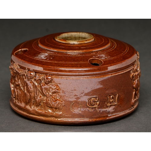 736 - A documentary Derbyshire saltglazed brown stoneware inkwell, Richard Evans' Ilkeston Pottery, dated ... 