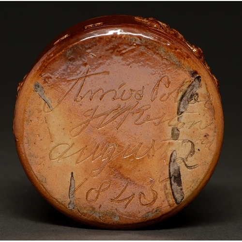 736 - A documentary Derbyshire saltglazed brown stoneware inkwell, Richard Evans' Ilkeston Pottery, dated ... 