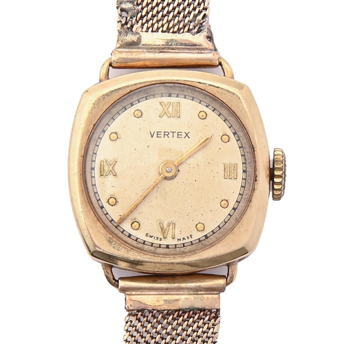 75 - A Vertex 9ct gold cushion shaped lady's wristwatch, 21 x 21mm, Birmingham 1947, gold mesh bracelet a... 