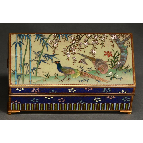 754 - A Japanese cloisonne enamel box, early 20th c, the lid decorated with pheasants, a cherry tree and b... 