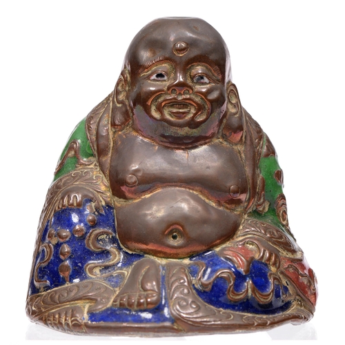 759 - A South East Asian embossed copper and enamel figure of Budai, first half 20th c, 75mm h... 