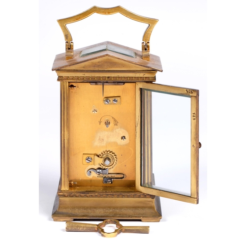 763 - A French brass carriage timepiece, c1900, in architectural style case with triangular pediment, 13cm... 