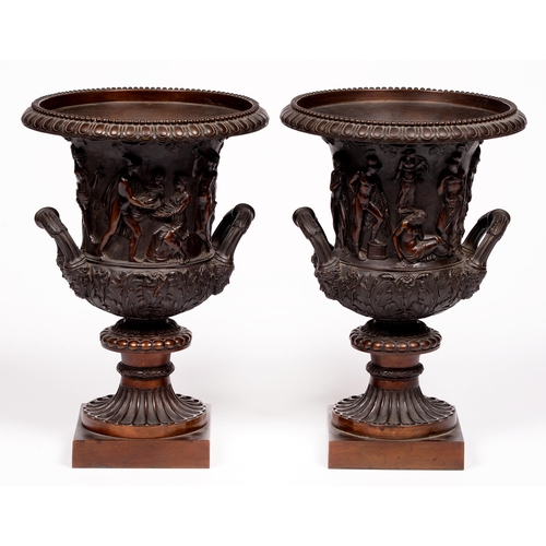 795 - A pair of bronze Medici and Borghese vases, French, late 19th c, original rich dark and golden brown... 