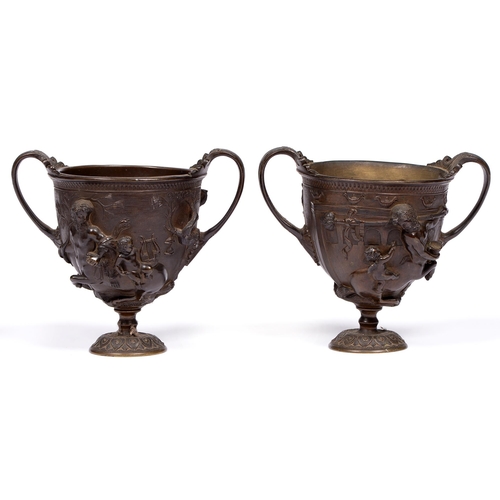 802 - A pair of bronze electrotype replica classical wine cups, Kantharos, 19th c, after the originals exc... 