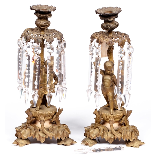 816 - A pair of Victorian gilt lacquered brass and statuary marble boy-and-serpent figural lustre candlest... 