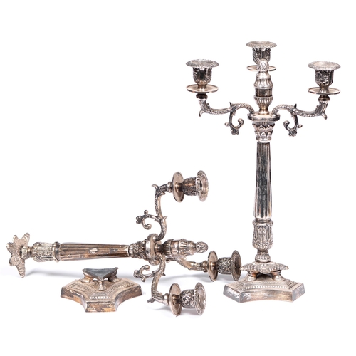 818 - A pair of EPNS candelabra, 20th / 21st c, in Empire style, of three lights, 47cm h