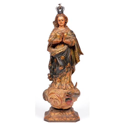 854 - A polychrome wood figure of The Virgin, probably French, late 19th c, as the Queen of Heaven with ha... 