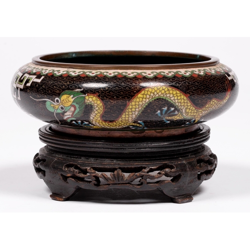 857 - A Chinese cloisonne enamel bowl, 20th c, with dragons on a turquoise and black ground, 14cm diam, wo... 