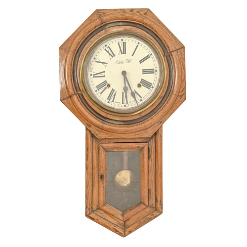 874 - A North American softwood trunk dial wall clock, early 20th c, pendulum, 58cm h