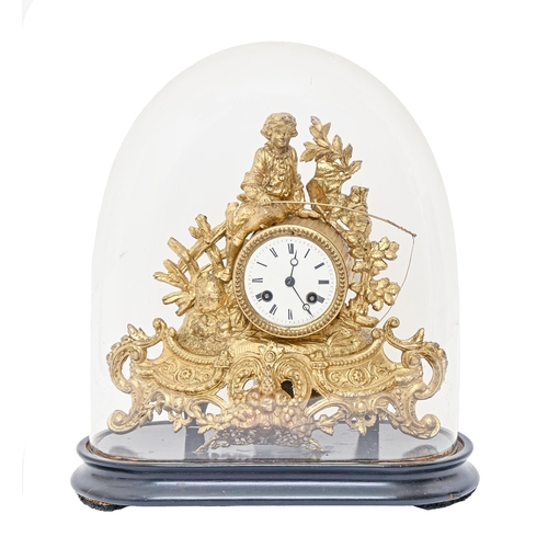 883 - A French spelter gilt mantel clock, late 19th c, with bell striking movement and enamel dial, on ebo... 