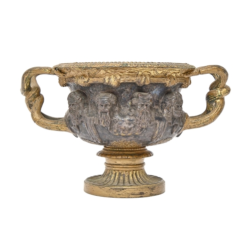 887 - A parcel gilt lacquered bronze replica of the Warwick Vase, late 19th c, 12cm h