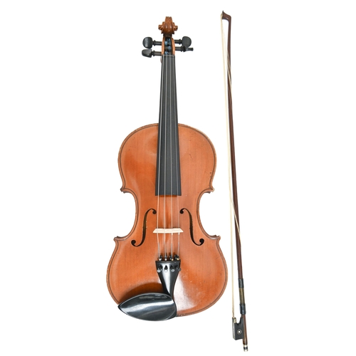 891 - A German violin, labelled Anton Reinhard fecit 1885, length of back 36.4cm and a bow, wood case... 