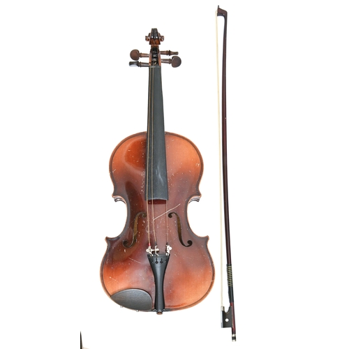 892 - A German violin, length of back 35.8cm and a bow, cased