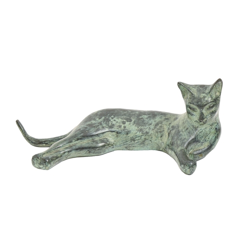 898 - A bronze sculpture of a cat, second half 20th c, uneven green and black patina, 27.5cm l... 