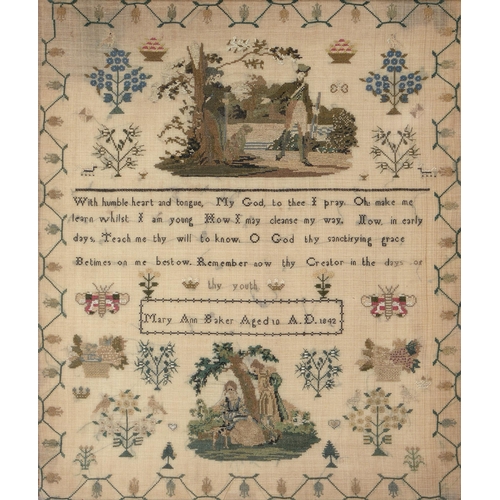 901 - A Victorian linen sampler by Mary Ann Barker Aged 10, 1842, 45 x 37cm