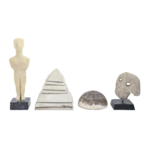 909 - A museum replica resin Cycladic sculpture, a white painted wood model of a pyramid and two other ite... 