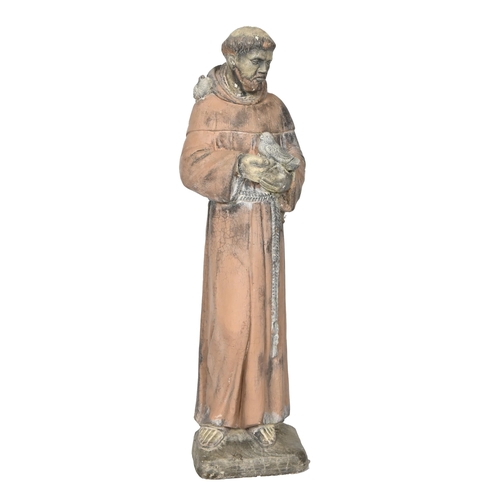 924 - A cold painted pottery statuette of St. Francis, 19th / 20th c, 74 h