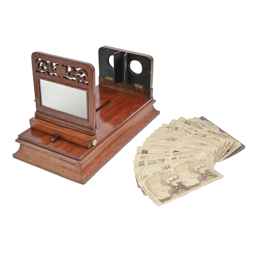 929 - A Victorian mahogany table stereoscope, Rowsell's Patent Graphoscope, 39cm l, maker's bone trade lab... 