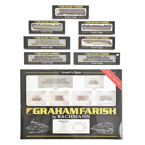 932 - A Bachmann Graham Farish railway freight set 370-175, boxed and three locomotives and four carriages... 