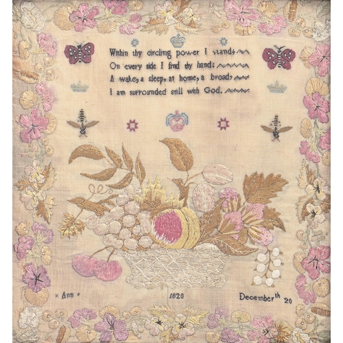 955 - A George III linen sampler, Ann December 20th 1820, worked in silk chenille with a basket of flowers... 