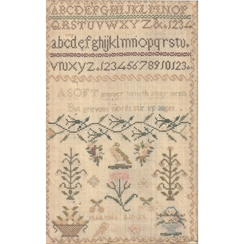 956 - A George III linen sampler, Martha R...er, worked with bird, trees and flowers in zig-zag border, 20... 