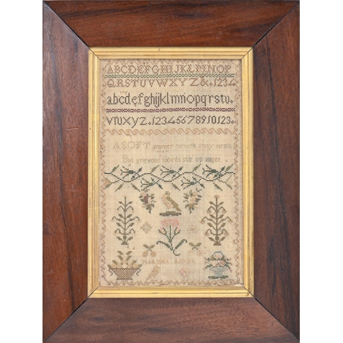 956 - A George III linen sampler, Martha R...er, worked with bird, trees and flowers in zig-zag border, 20... 