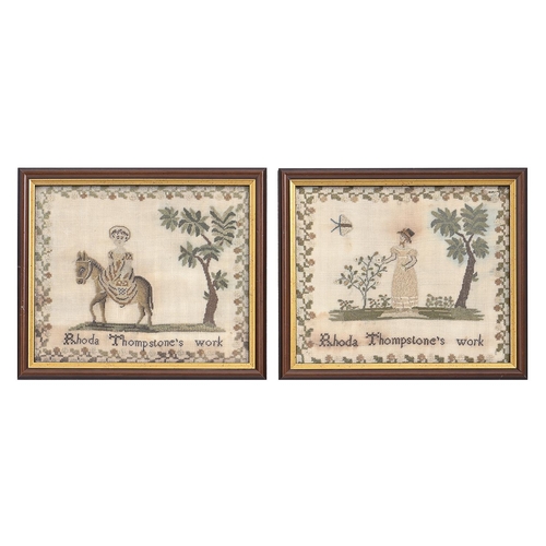 957 - A pair of English linen samplers, Rhoda Thompstone's work, c1800, with a girl and tree in trailing b... 