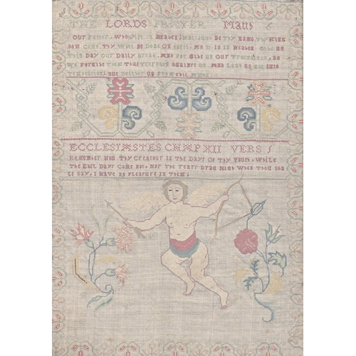 958 - An English linen angel sampler, mid 18th c, finely worked with rose and carnation, linked foliage an... 