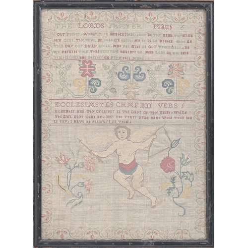 958 - An English linen angel sampler, mid 18th c, finely worked with rose and carnation, linked foliage an... 