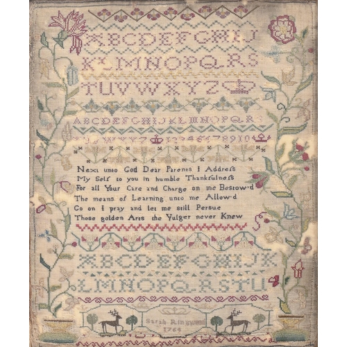 959 - A George III linen sampler, Sarah Ringwood 1764, worked with deer, verse, letter and number bands fl... 