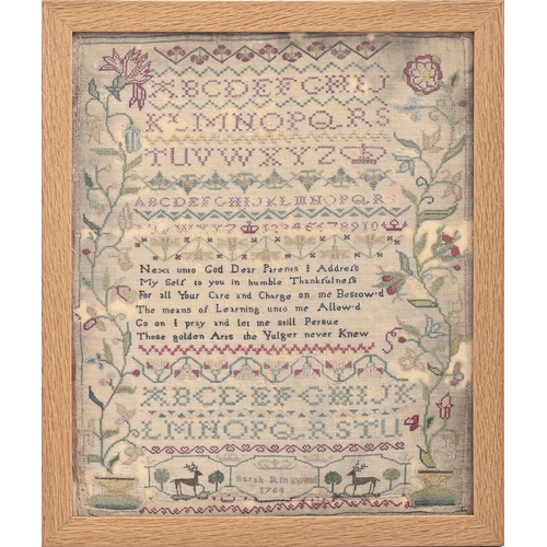 959 - A George III linen sampler, Sarah Ringwood 1764, worked with deer, verse, letter and number bands fl... 