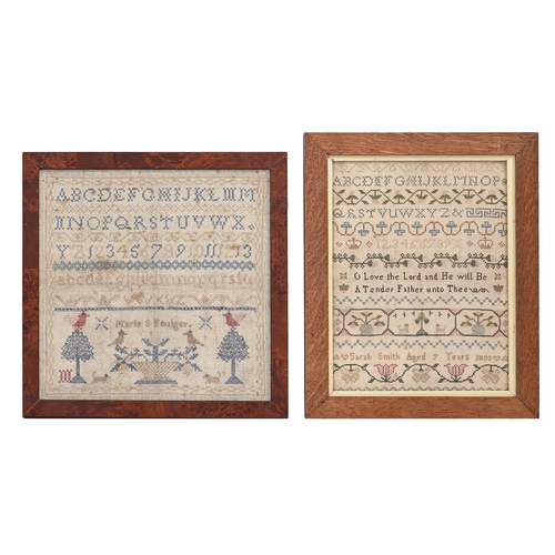 960 - Two English linen samplers, Sarah Smith aged 7 years 1800 and Maria S Foulger, worked in trees, dogs... 