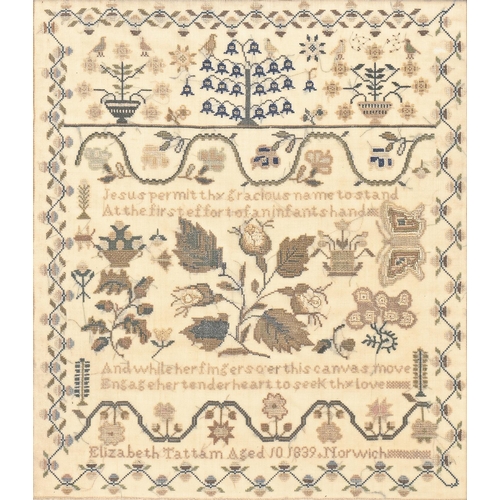 962 - An early Victorian linen sampler, Elizabeth Tattam aged 10 1839 Norwich, worked with a prominent ros... 