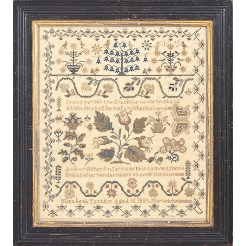 962 - An early Victorian linen sampler, Elizabeth Tattam aged 10 1839 Norwich, worked with a prominent ros... 